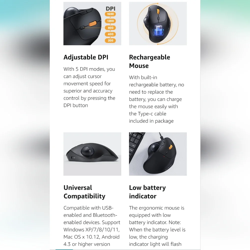 ProtoArc Wireless Trackball Mouse EM04 Ergonomic Bluetooth Rollerball Mouse
